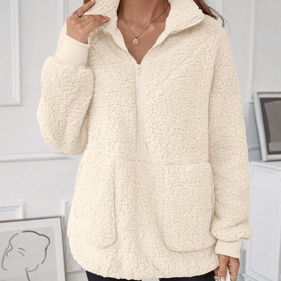 Women Half Zip Pullover Long Sleeve Casual Fuzzy Sherpa Fleece Jacket Sweatshirt - Picture 5 of 6